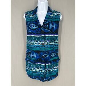 90s Vintage Top Womens Large Blue Western Vest Button Black Boho Rayon USA